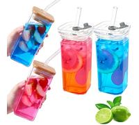 Genérico 4PCS Square Glass Cups with Lids and Straws, Portable Drinking Clear Tumblers 400ml/14oz, Heat Resistant Transparent for Iced Coffee Juice Beverage and More (Mixed-4pcs)