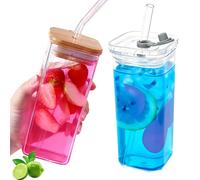 Genérico 4PCS Square Glass Cups with Lids and Straws, Portable Drinking Clear Tumblers 400ml/14oz, Heat Resistant Transparent for Iced Coffee Juice Beverage and More (Mixed-2pcs)