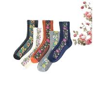 Genérico 5 Pairs Vintage Embroidered Floral Socks, Crew Socks Ethnic Jacquard Knit, Floral Knit Vintage Cotton Women Sock (5*pairs)