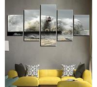 Genérico 5 Piezas Impresiones Sobre Lienzo de Arte Lighthouse In A Storm Giant Wave Marco Moderno para Dormitorio Sala Estar Cocina