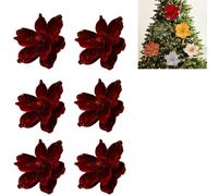 Genérico 6 PCS Artificial Flower Christmas Tree Decorations, Glitter Artificial Magnolia Flower Heads, Xmas Tree Ornament Home Christmas Party Festival Decor Supplies (Red)
