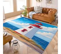 Genérico 80x150 Cm Lavable de Pelo Corto Alfombra Interior Faro De La Costa RomáNtica No Pierde Pelo Antideslizante Sala Estar Dormitorio Alfombra Azul 3D Fácil de Limpiar Suave Impreso Felpudo