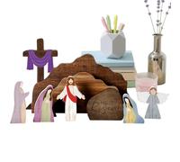 Genérico 9-Piece Wooden Empty Tomb Christian Nativity Scene Set | 9.8x5.8 Inch Resurrection Tray Decor | Easter Cross Jesus Figurines For Home Office | Religious Desktop Display Bethlehem Gift