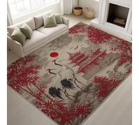 Genérico 90x150cm Base Antideslizante de TPR Rojo Alfombra Tinta Estilo Japonés Alfombras Grulla de Corona Roja Bambú Templo Oriental Tranquilo Artístico Lavable Alfombras para Dormitorio Estudio