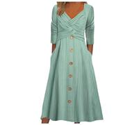 Genérico Abito Lungo da Donna, Tinta Unita, Manica Lunga, scollo a V, bottone, Abito Casual (Green, M)