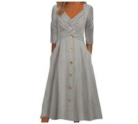 Genérico Abito Lungo da Donna, Tinta Unita, Manica Lunga, scollo a V, bottone, Abito Casual (Grey, XXL)