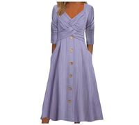 Genérico Abito Lungo da Donna, Tinta Unita, Manica Lunga, scollo a V, bottone, Abito Casual (Purple, XL)