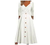 Genérico Abito Lungo da Donna, Tinta Unita, Manica Lunga, scollo a V, bottone, Abito Casual (White, M)
