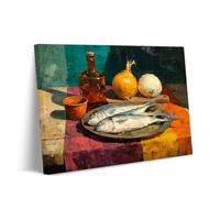 Genérico Abundancia Mediterránea, Lienzo De Naturaleza Muerta, Arte De Pared Rústico Para Cocina Con Pescado Fresco & Botella Ámbar, Decoración Vintage Comedor (art-1,40x60cm Enmarcado)