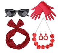 Genérico Accesorios Disfraz Mujer Años 50 - Collar Guantes Diadema Gafas Gato De Lunares - Traje Retro Disco 5 Piezas para Mujeres y Niñas entre Amigas