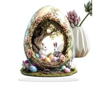 Genérico Acrílico Easter Bunny Figurine, 2D Flat Egg House Decoration, Handmade Farmhouse Collectible for Indoor Home, Country Style Holiday Easter Tabletop, Shelf Display, Home Decor