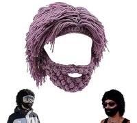 Genérico Acrylic Punk Style Beanie with Attached Straight Hair Wig and Knitted Beard, Novelty Beard Beanies & Knit Hats, for Cosplay (Mauve)