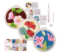 Generico Adorable Embroidery Beginner Kits, Reusable Punch Art with Floral Pattern, 6.3 Inches Instruction Included, 3x Sewing Set Handmade Craft for Kids and Adults