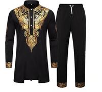 Generico Africano 2 Piezas Hombre Conjunto de Manga Larga Oro Impresión Dashiki y Pantalones Tradicional Hombres Musulmanes Thobe Suelto Caftán Dubai Árabe Ropa Traje Islámico, Negro , L