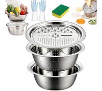 Genérico Alemania Cuenco multifuncional de acero inoxidable, juego de cuenco y rallador de acero inoxidable 3 en 1, juego con rallador, colador, cesta escurridora y ensaladera (24cm/9.44in)