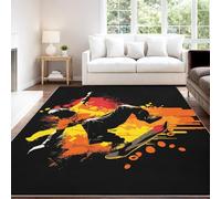 Genérico Alfombra Antideslizante de Pelo Corto Lavable 140 x 200 cm, Graffiti Dinámico Energético Silueta Luminoso Antideslizante Alfombra Patineta Negro Naranja Decorativa para Habitación Adolescente