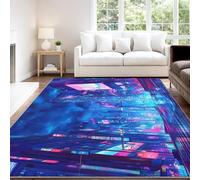 Genérico Alfombra Antideslizante de Pelo Corto Lavable 80 x 120 cm, Estilo japonés Anime Futurista Urbano Gaming Antideslizante Alfombra Vista Calle Azul Decorativa para Habitación Adolescente