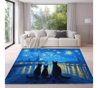 Genérico Alfombra de área de Azul de 140 x 200 cm, Alfombra Pintura al Óleo Cielo Estrellado Gato para niños, Adolescentes, Alfombra Antideslizante de Impresionista para Sala de Estar, Dormitorio