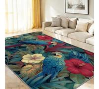Genérico Alfombra De Franela Azul - Estilo Tropical Hojas De La Selva Loro Patrón Antideslizante Alfombras Decorativa, 120 x 180 cm Suaves Alfombra para Sala de Estar Sofá Dormitorio