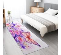 Genérico Alfombra de Pasillo Rosa Morado 60 x 180 cm, Lavable, Parte Trasera de Goma Antideslizante, Resistente a Las Manchas, para pasillos Cocina Entrada Dormitorio, Acuarela Floral Mariposas