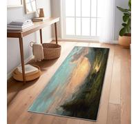 Genérico Alfombra de Pasillo Verde 80 x 200 cm, Lavable, Parte Trasera de Goma Antideslizante, Resistente a Las Manchas, para pasillos Cocina Entrada Dormitorio, Fantasía Montañas Árboles