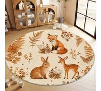 Genérico Alfombra De Salón Redonda Estilo Pastoral Zorro Conejo Ciervo Flores 100 cm Pelo Corto Antideslizante Lavables Alfombrilla Redonda, Beige Habitación Dormitorio De Cocina Alfombra De Entrada
