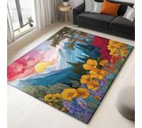 Genérico Alfombra Decorativa Viento Natural 60 X 90 Cm Antideslizante Pelo Corto Y Lavables para Habitacion Comedor Dormitorio, Multicolor Alfombra Montañas Agua Flores para Chico Chica