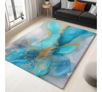 Genérico Alfombra para Dormitorio Azul Océano Sala de Estar Alfombra Lavable de Pelo Corto Antideslizante Suave para baño Comedor Pasillo Mármol Surrealista Lámina De Oro Remolinos 140 x 200 cm,