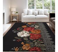 Genérico Alfombra para Sala Negro Antideslizante Lavables en Lavadora Alfombras Habitacion Dormitorio Comedor Cocina Victoriano Floral Encaje Elegante Pequeña Pelo Corto Tapete 60 x 100 cm