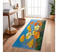 Genérico Alfombra Pasillo Larga Amarillo Naranja Alfombras Cocina Lavable Antideslizante, Tapetes 80 x 300 cm para Sala Habitacion Dormitorio Comedor Pintura Al Óleo Floral Amapolas Tapete Pelo Corto