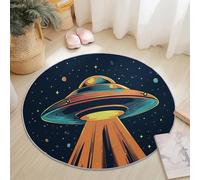 Genérico Alfombra Redonda 100 cm, Caricatura Ovni Platillo Volante Alfombras Lavables en Lavadora Antideslizante, Azul Oscuro para Sala de Estar, Dormitorio y Decoración del Hogar