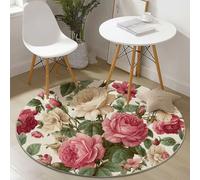 Genérico Alfombra Redonda 100 cm Pelo Corto Vintage Floral Rosas Imprimir Alfombra Redonda para Sala de Estar Dormitorio Mesita de Noche, Antideslizante Lavable Alfombras Crema Rosa