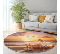 Genérico Alfombra Redonda 160 cm, Hermosa Puesta De Sol Playa Conchas Alfombras Lavables en Lavadora Antideslizante Color Naranja para Sala de Estar, Dormitorio y Decoración del Hogar