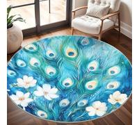 Genérico Alfombra Redonda 80 cm Plumas de Pavo Real Estilo Pintura Al óLeo Salon Antideslizante Lavables en Lavadora Azul Suave Alfombra Redonda Pelo Corto para Dormitorio Infantil e Decoración Hogar