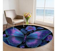 Genérico Alfombra Redonda Antideslizante Negro Azul, Lavable Alfombras Estampado Fantasía Mariposas Flores - 120 cm Interior Alfombras Animal para Sala De Estudio Cocina Sala Estudio y Comedor