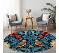 Genérico Alfombra Redonda de salón 100 cm, William Morris Flores Pájaros Alfombra Estampada Lavable Antideslizante, Alfombras Redonda de área Suaves para Sala de Estar o Dormitorio Azul-Verde
