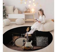 Genérico Alfombra Redonda de salón 60 cm, Música Guitarra Batería Alfombra Estampada Lavable Antideslizante, Alfombras Redonda de área Suaves para Sala de Estar o Dormitorio Negro