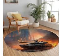 Genérico Alfombra Redonda de Salón Lavable 160 cm Ciudad Guerra Tanque Llamas, Alfombra Antideslizante Moqueta Piso Gris - para Dormitorio Cocina Balcón Terraza Salón Comedor Interior