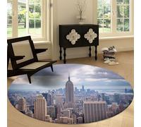 Genérico Alfombra Redonda de Salón Lavable 200 cm New York Ciudad Arquitectura Nubes, Alfombra Antideslizante Moqueta Piso Multicolor - para Dormitorio Cocina Balcón Terraza Salón Comedor Interior