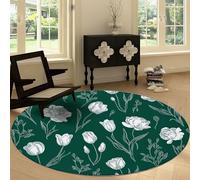 Genérico Alfombra Redonda de Salón Lavable Francés, Alfombra Antideslizante 180 cm Moqueta de Piso Plantas Flores Blanco Rosas para Dormitorio Cocina Balcón Terraza Salón Comedor Interior y Exterior