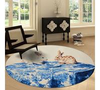Genérico Alfombra Redonda de Salón Lavable Vintage, Alfombra Antideslizante 220 cm Moqueta de Piso Animales Conejo Azul Flores para Dormitorio Cocina Balcón Terraza Salón Comedor Interior y Exterior