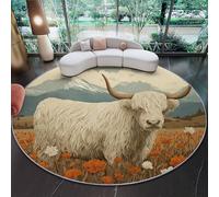 Genérico Alfombra Redonda de Toro De Las Tierras Altas Blanco Retro 160 cm Lavable Grande Redonda, Antideslizante Suave Ultrafina para Dormitorio Oficina Cocina Entrada, Flores De Naranja