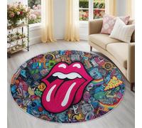 Genérico Alfombra Redonda Lavable 60 cm, Multicolor Labios Lengua Antideslizante, Atrevido Graffiti Arte Musical Alfombra Pelo Corto Fácil de Limpiar para Comedor y Pasillo