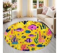 Genérico Alfombra Redonda Mundo Submarino Peces Pulpos 100 cm, Alfombra Grande Lavable para Comedor, Suave, Antideslizante, no desprende Pelusa, para Dormitorio, Interior, Sala de Estar, Amarillo