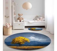 Genérico Alfombra Redonda Paisaje Árboles Montañas 160 cm, Alfombra Grande Lavable para Comedor, Suave, Antideslizante, no desprende Pelusa, para Dormitorio, Interior, Sala de Estar, Amarillo