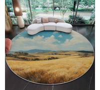 Genérico Alfombra Redonda para Sala de Estar - Italiano Campos De Trigo Colinas Lavable a Máquina Antideslizante Alfombra Redonda 150 cm, Dorado Azul Alfombras para Dormitorio Pasillo de Entrada