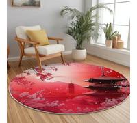 Genérico Alfombra Redonda Pelo Corto, Estilo Chino Cereza Flor Arquitectura Antideslizante Resistente Alfombras, Rojo Stampato Alfombra Redonda para Dormitorio Salón Pasillo, Ø 100 cm