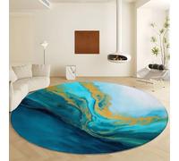 Genérico Alfombra Redonda Salon Azul, Moqueta Lavables en Lavadora Antideslizante - Alfombra de Pelo Corto Mármol Líquido Rayas Doradas para Sala Habitacion Dormitorio Comedor Diámetro de 90 cm