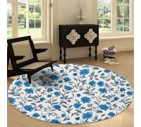 Genérico Alfombra Redondo Moderna 220 cm Lavable a Máquina, Alfombra de Pelo Corto Antideslizante Rural Francés - Moqueta Resistente Plantas Azul Flores Hojas para Salón Dormitorio Comedor Oficina
