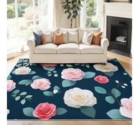Genérico Alfombra Salon Azul Oscuro Antideslizante Alfombras Lavables 60 x 90 cm, Romance Decoración Flores Rosas Alfombra Pelo Corto en Lavadora Tapetes para Sala Habitacion Dormitorio Comedor